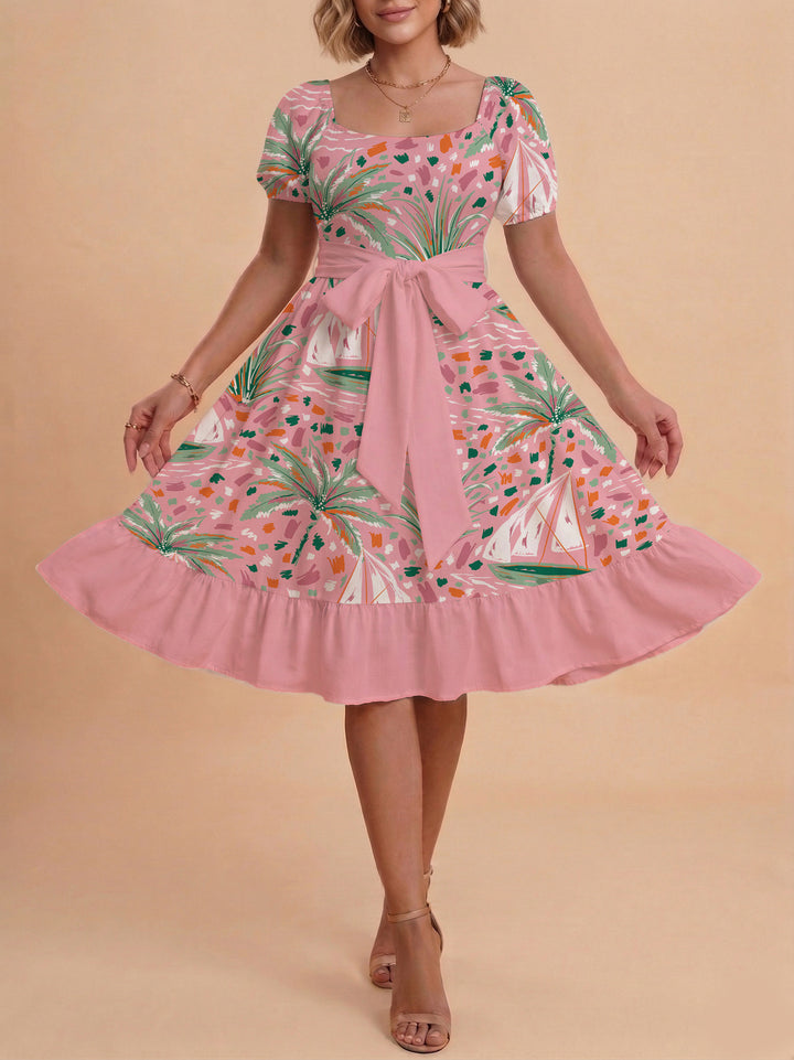 Damen Sommerliches Blumenkleid mit taillierbarem Gürtel und voluminösen Ärmeln Skjora