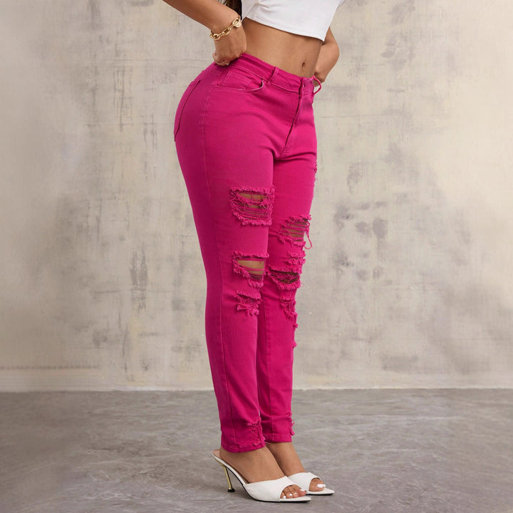 Kvinners casual skinny jeans med ødelagte detaljer og høy midje Skjora