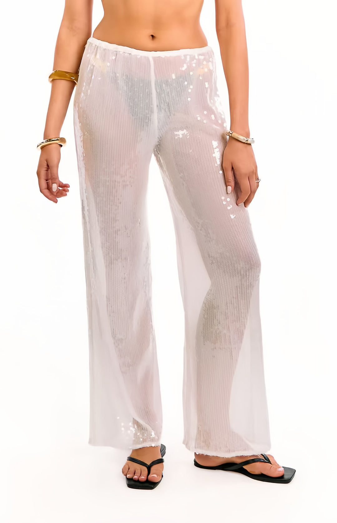 Kvinnelige elegante paljettbukser med gjennomsiktig chiffon og vid cut Skjora