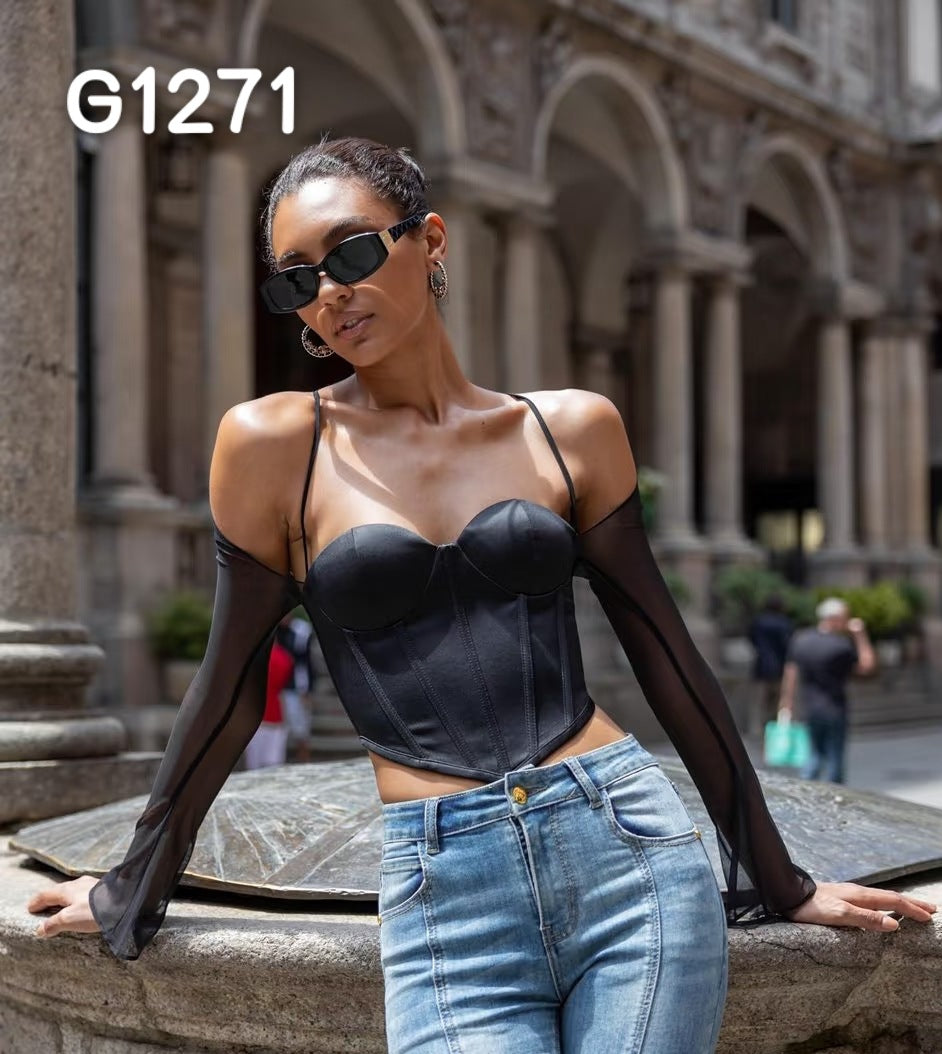 Damen Elegant Korsett-Bluse med gjennomsiktige ermer Skjora