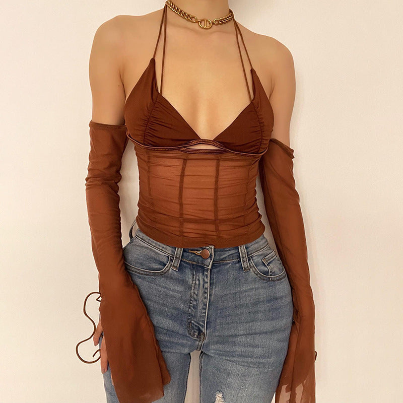Dame Crop-Top med gjennomsiktig design og raffinerte volangermermer Skjora