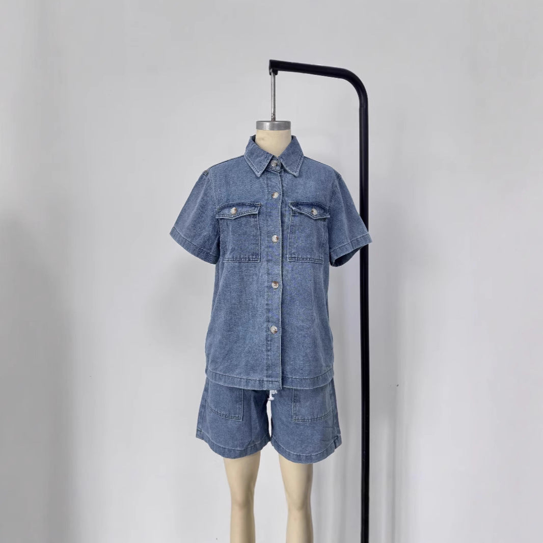 Dame denim skjorte og shorts sett i moteriktig stil Skjora