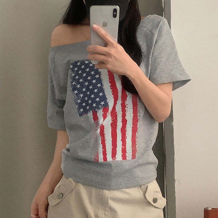 Dame casual T-skjorte med amerikansk flaggdesign og mykt bomullsmateriale Skjora