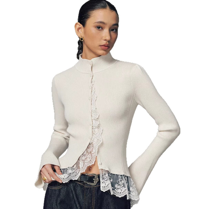 Damer cardigan med blonderkant og moderne peplum Skjora