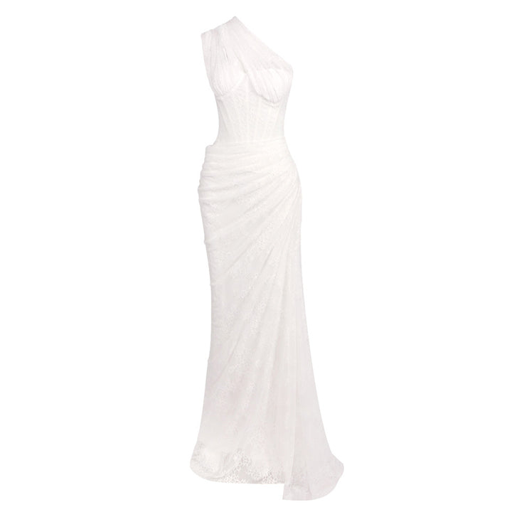 Damer elegant aften kjole med asymmetrisk en-skulder-design og blomstrete spissdetaljer Skjora