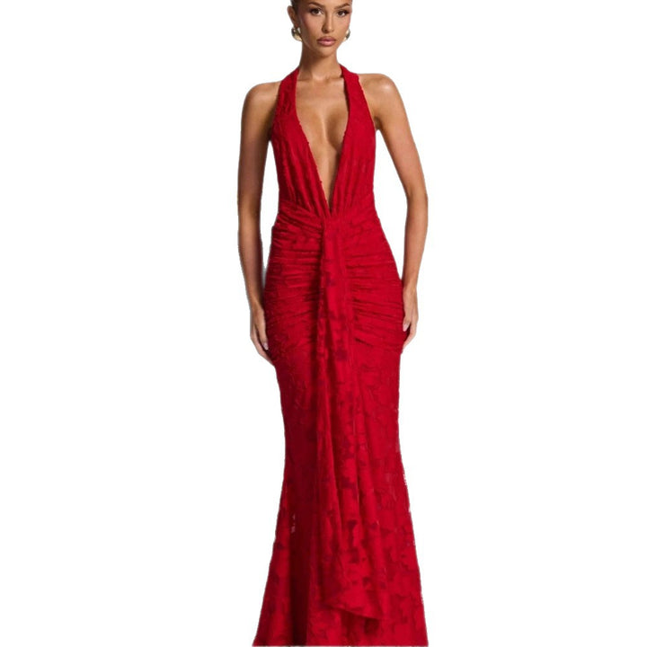 Damer Elegant Maxi Kjole med Dyp V-Hals og Volangdesign