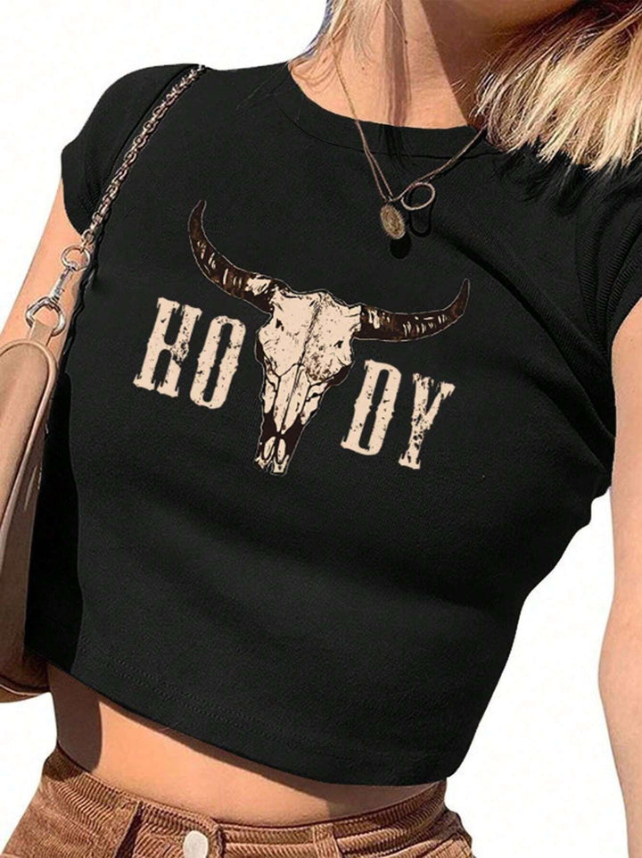 Dame Crop-T-skjorte med kreativ Cow Skull-design Skjora