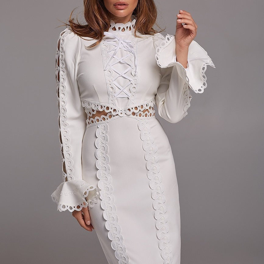 Damer Elegant Maxi Kjole med Blondeapplikasjoner og Peplum Skjora
