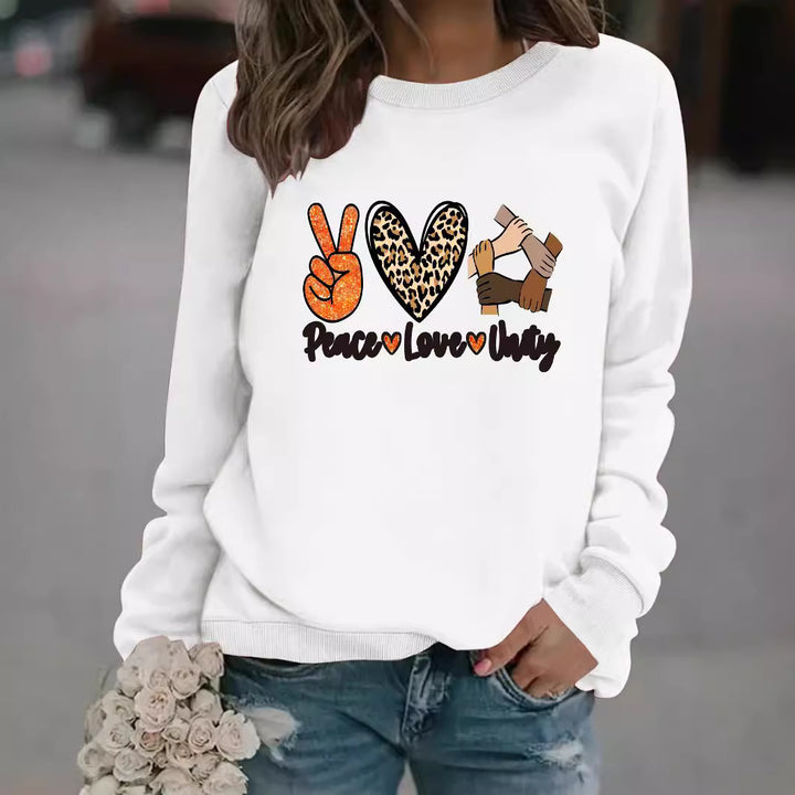 Kvinnegenser med kreativt Peace, Love & Unity-design Skjora