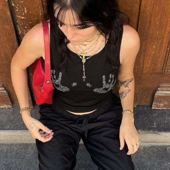Women's Cropped Tank Top with Glitter Hand Motif Skjora