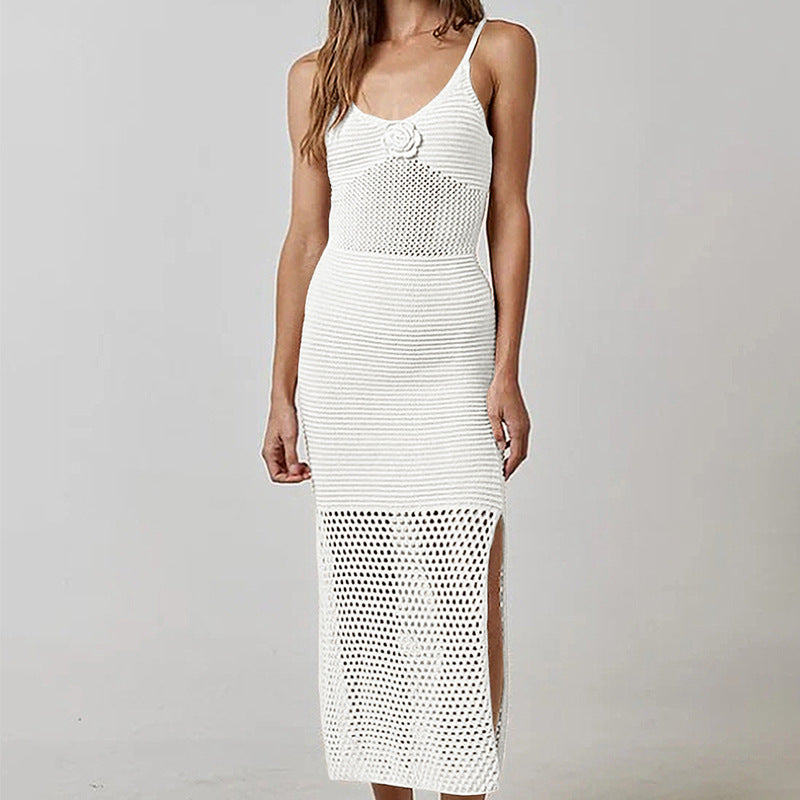 Damen Häkel-Strandkleid mit durchbrochenem Design und tiefem Schlitz Skjora