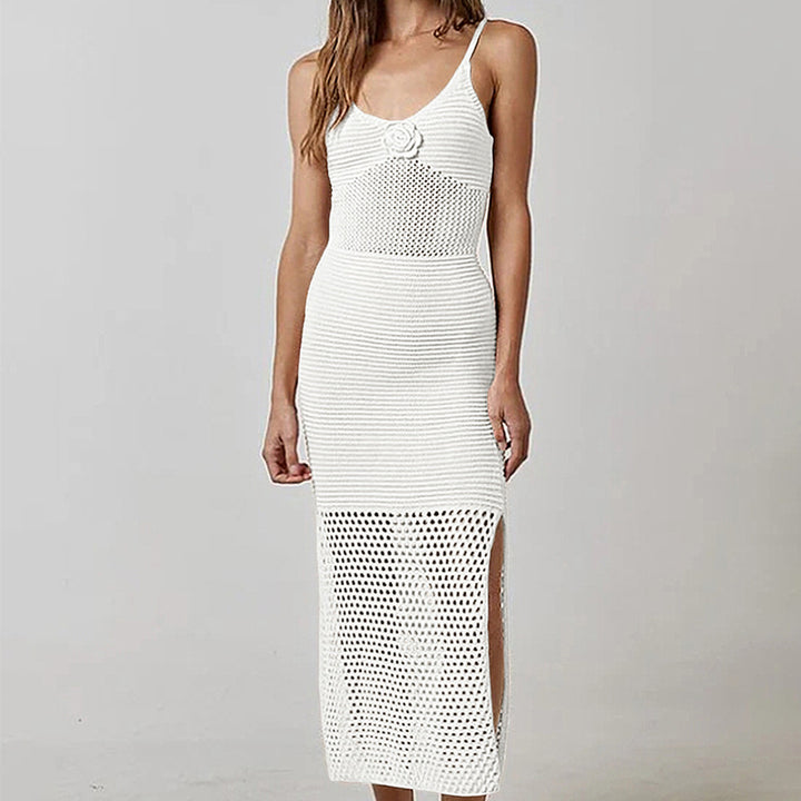 Damen Häkel-Strandkleid mit durchbrochenem Design und tiefem Schlitz Skjora