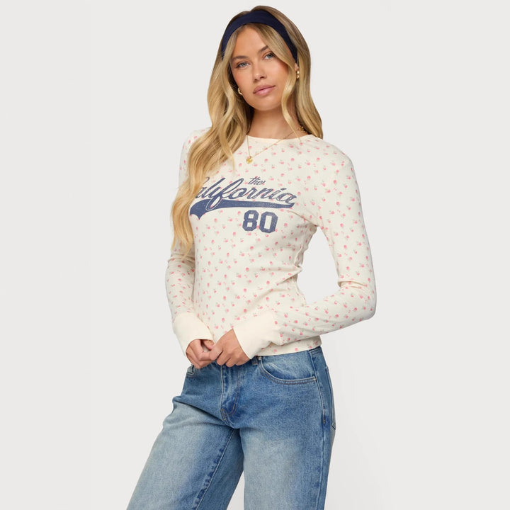 Dame Langermet T-skjorte med blomsterprint og sporty trykk Skjora