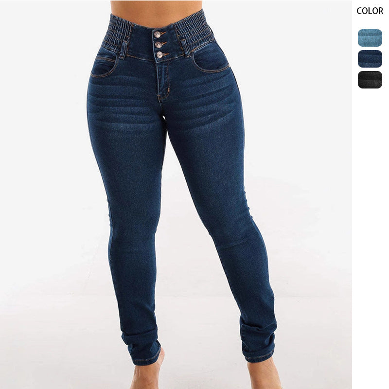 Damer High-Waisted Jeans med elastisk midjebånd og knappdetaljer Skjora