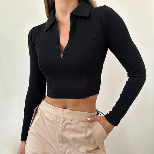 Damer langermet cropped poloshirt med mykt strukturmateriale Skjora