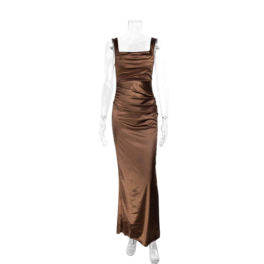 Dame Elegant Satin Maxi Kjole med figurskapende design Skjora