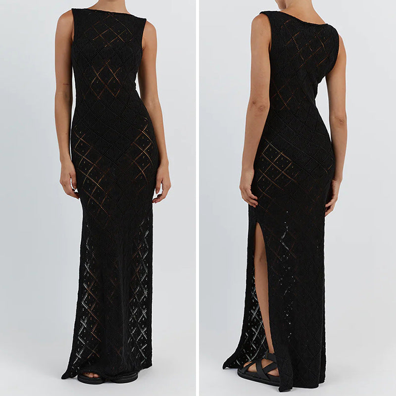 Damen Häkelkleid mit kreativem Rautenmuster und ärmellosem Schnitt Skjora