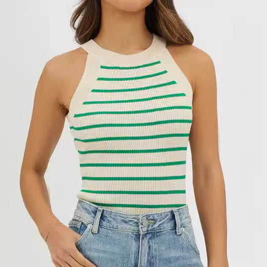 Dame elegant halterneck top med fint stripemønster Skjora