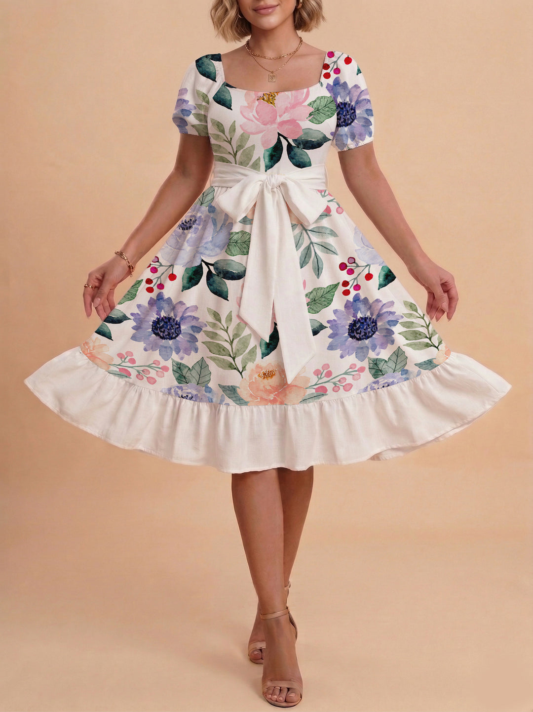 Dame Midi kjole med elegant blomstertrykk og belte i midjen Skjora