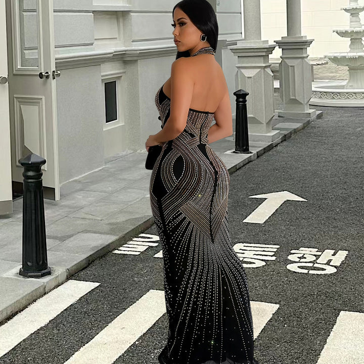 Women's evening gown with sparkling sequin design and form-fitting silhouette