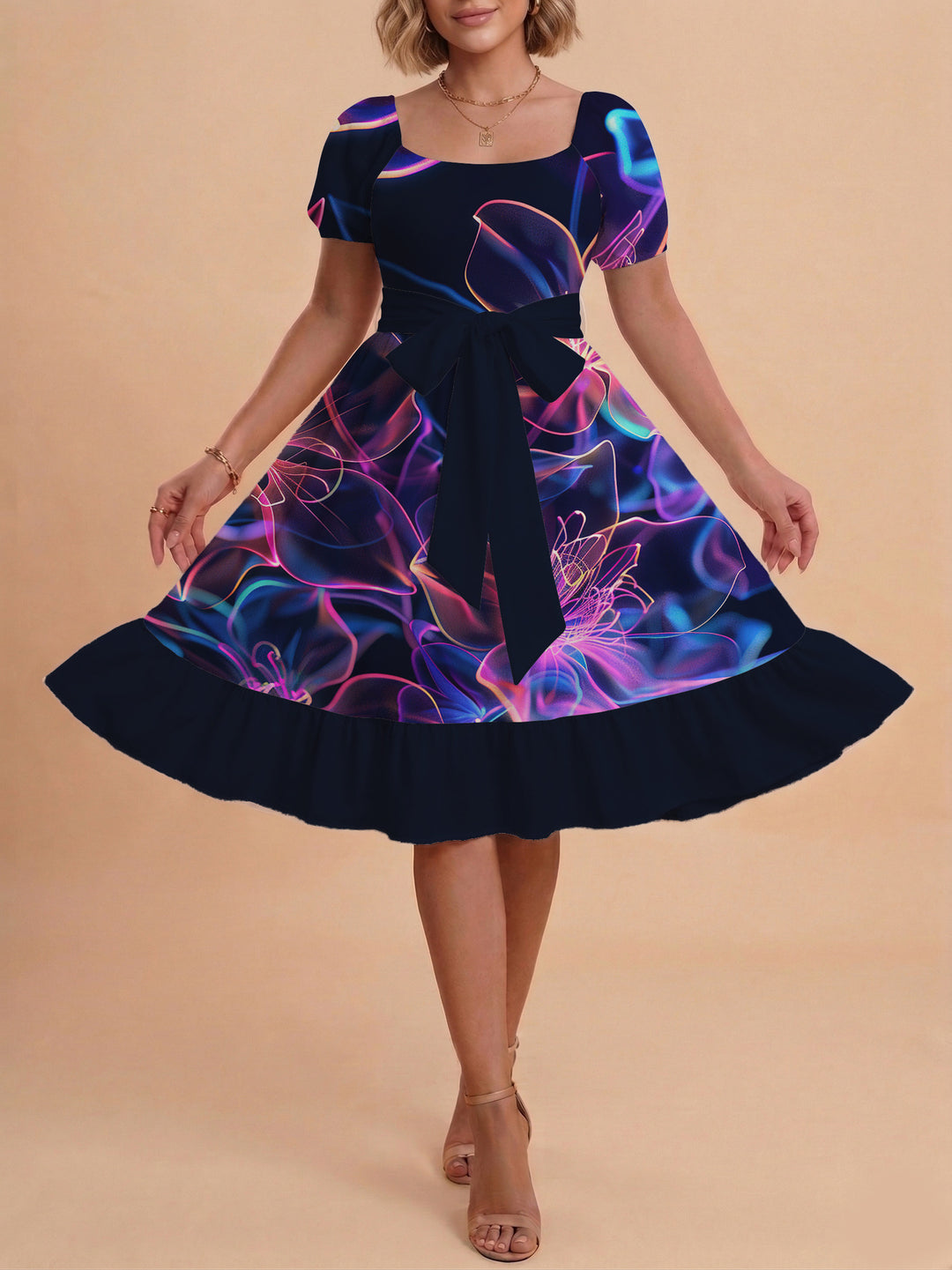 Damen Sommerkleid mit floralem Puffärmel und taillierbarem Gürtel Skjora