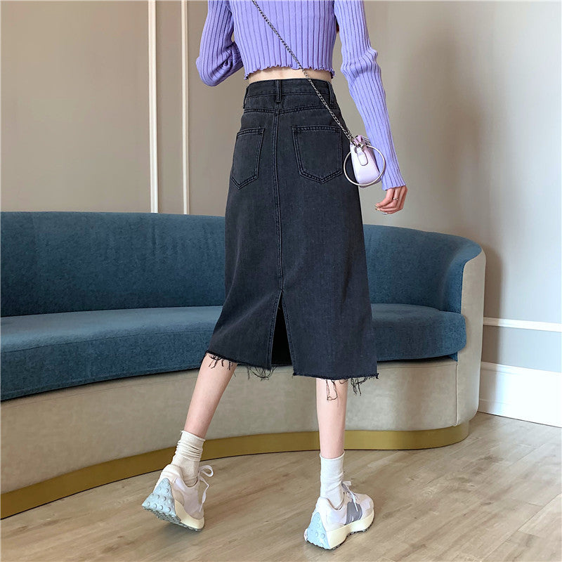 Damer Midi Denim skjørt med ujevn kant Skjora
