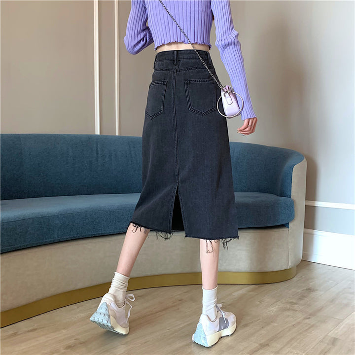 Damer Midi Denim skjørt med ujevn kant Skjora