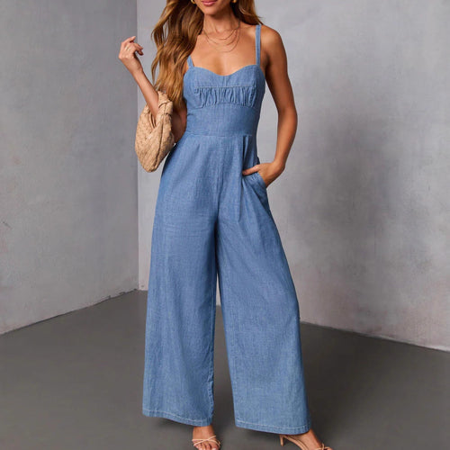 Kvinnens uformelle denim jumpsuit med elegant bustier topp og vide ben