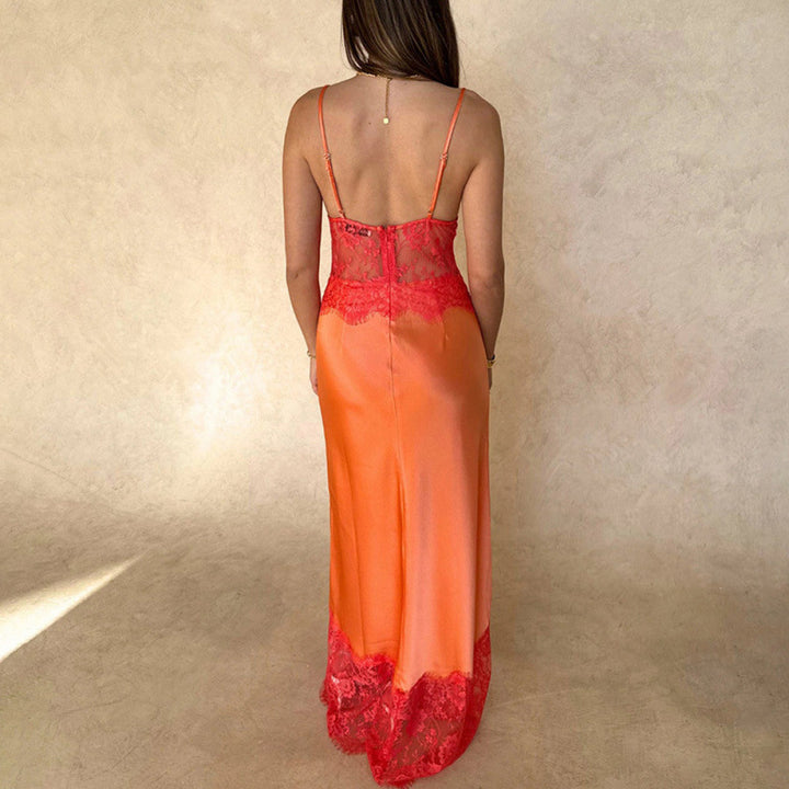 Damen Elegant nattkjole med transparent spissen innsetting og justerbare stropper Skjora