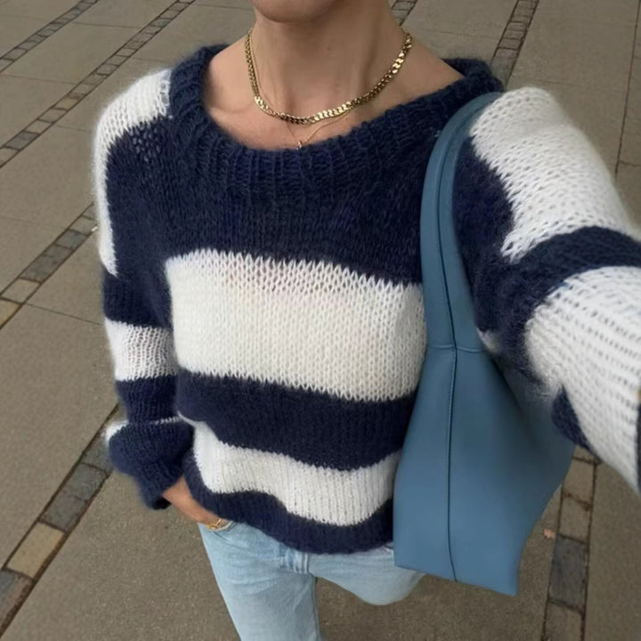 Dame stripete strikkegenser med rund hals Skjora