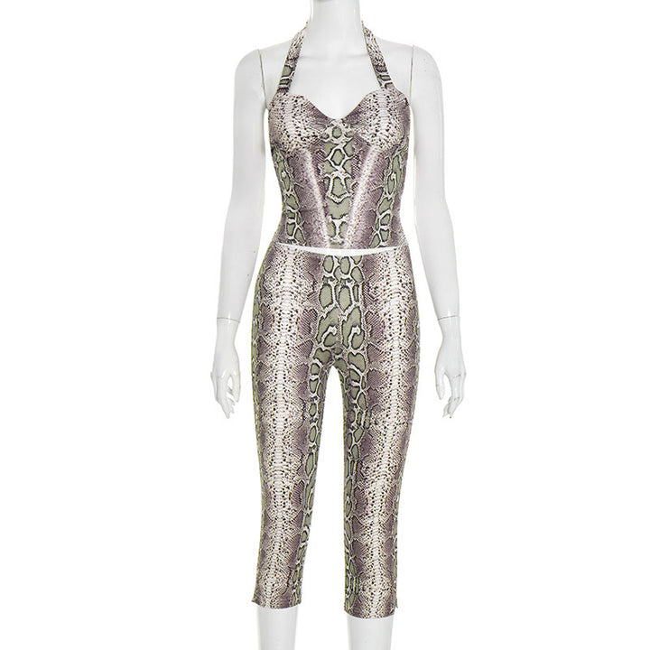 Dame trendy slangeprint jumpsuit med dyp utringning Skjora