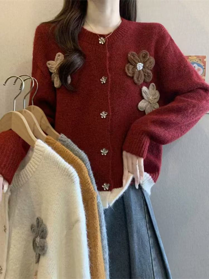 Damer Cozy Cardigan med Blomst Applikasjoner Skjora