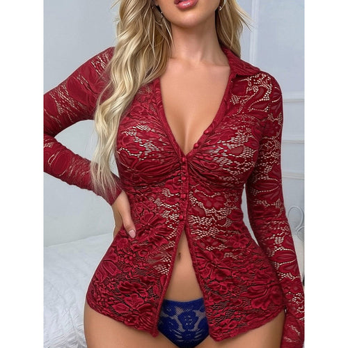 Dame Transparent spissbluse med knappeutklipp og lange ermer Skjora