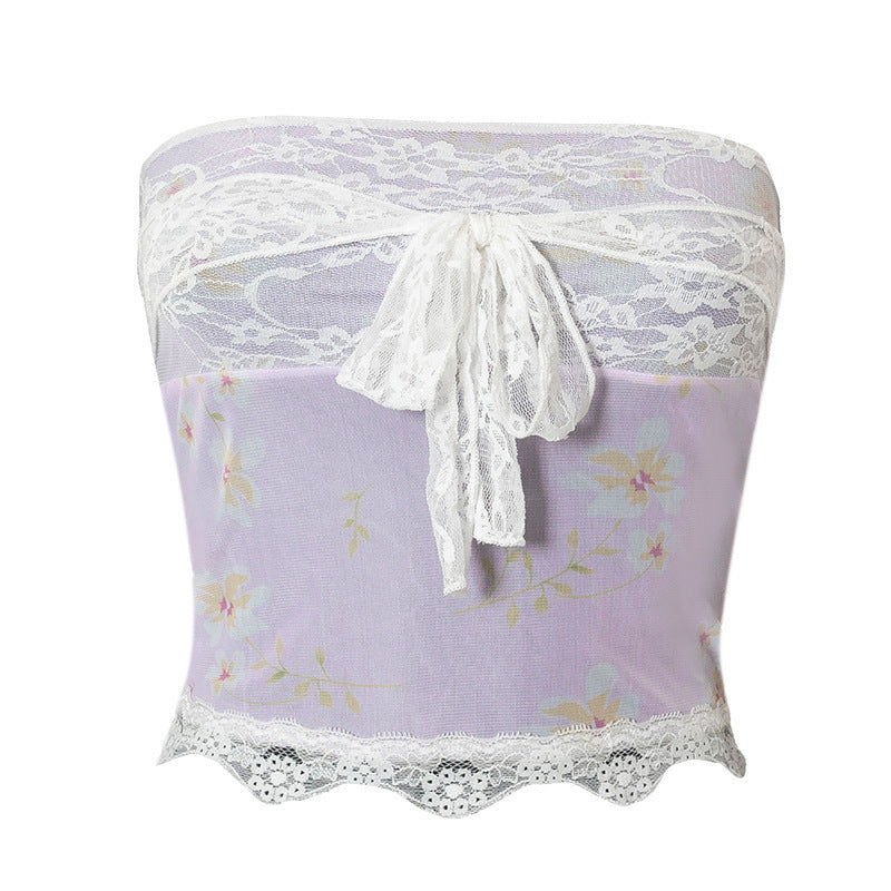 Dame Bandeau-top med blomsterdetaljer og spiss avslutning Skjora
