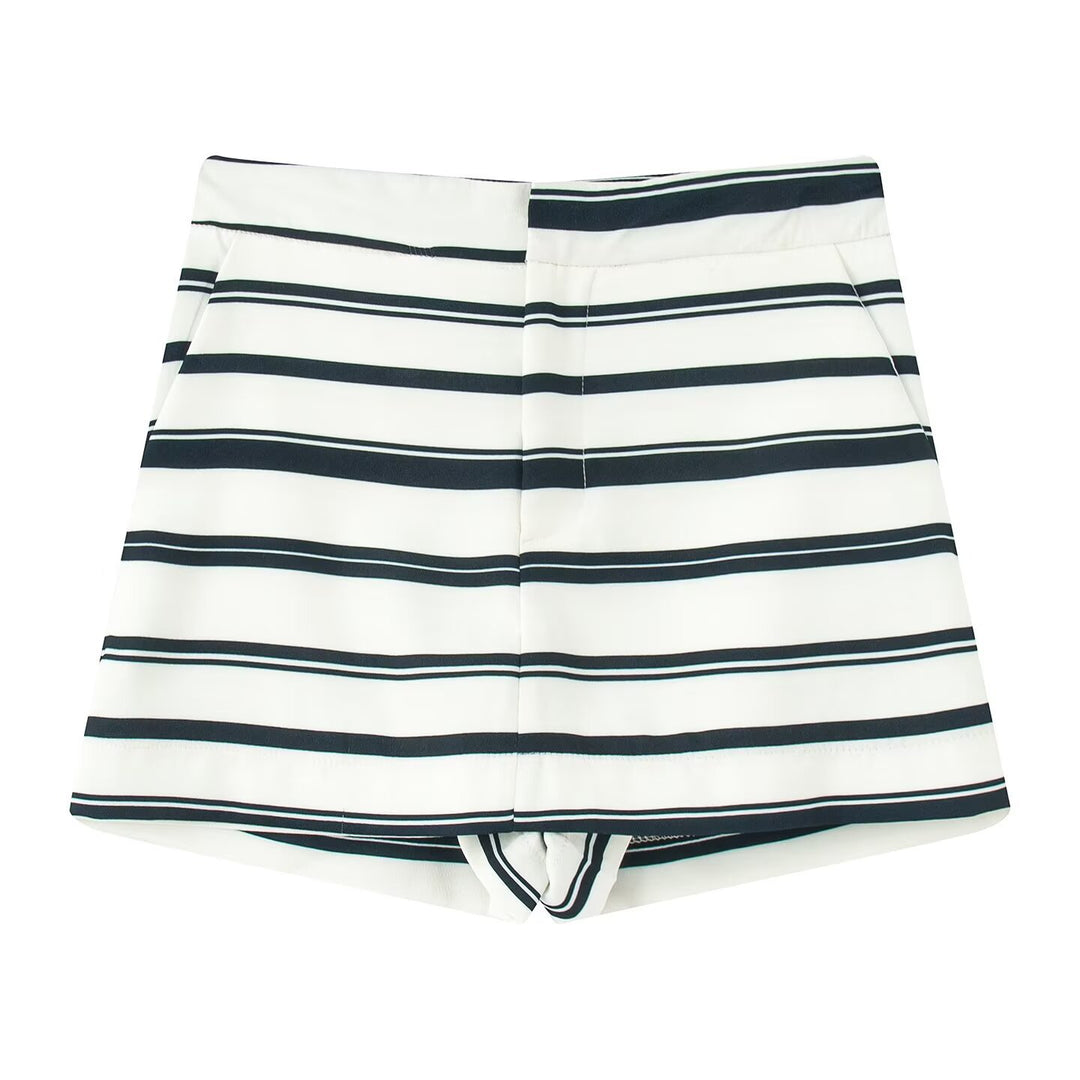 Dame stripete blazer- og shorts-sett med elegante knappdetaljer Skjora
