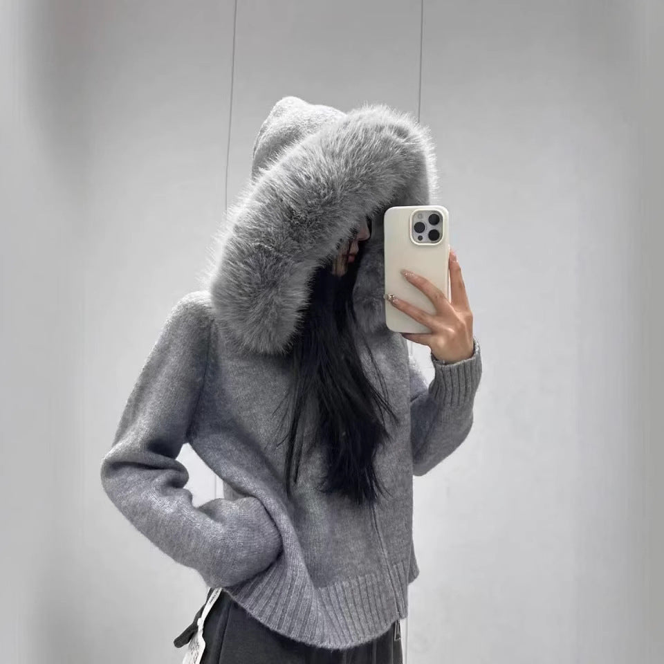 Damer, moteriktig cardigan med avtagbar hette laget av mykt materiale Skjora