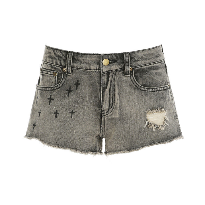 Dame Korte Jeansshorts med P leopardmønster og rynket belte Skjora
