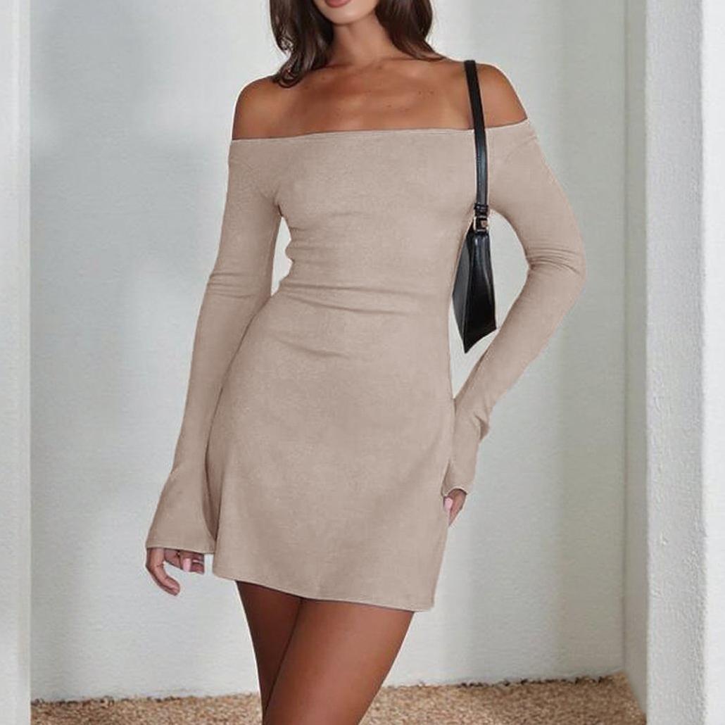 Dame Off-Shoulder Mini Kjole med Lange Ermer og Figur-Kroppende Snitt Skjora