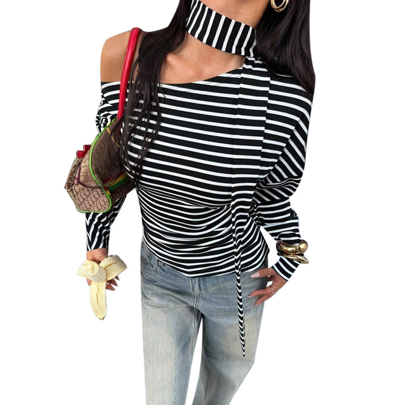 Dame asymmetrisk stripet topp med off-shoulder design og elegant sløyfe Skjora