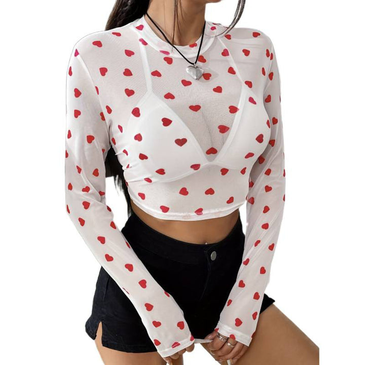 Damer Langermet Cropped Topp med Hjerteprint og Gjennomsiktig Utseende Skjora