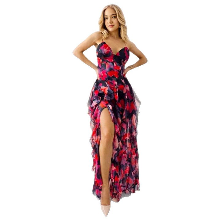 Dames Flytende Chiffon Maxi Kjole med Volangdetaljer og Blomsterakenter Skjora