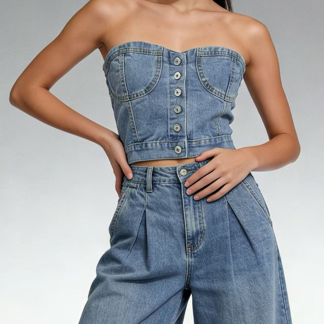 Dame Denim Bustier-top med knappedetaljer og innsnittet snitt Skjora