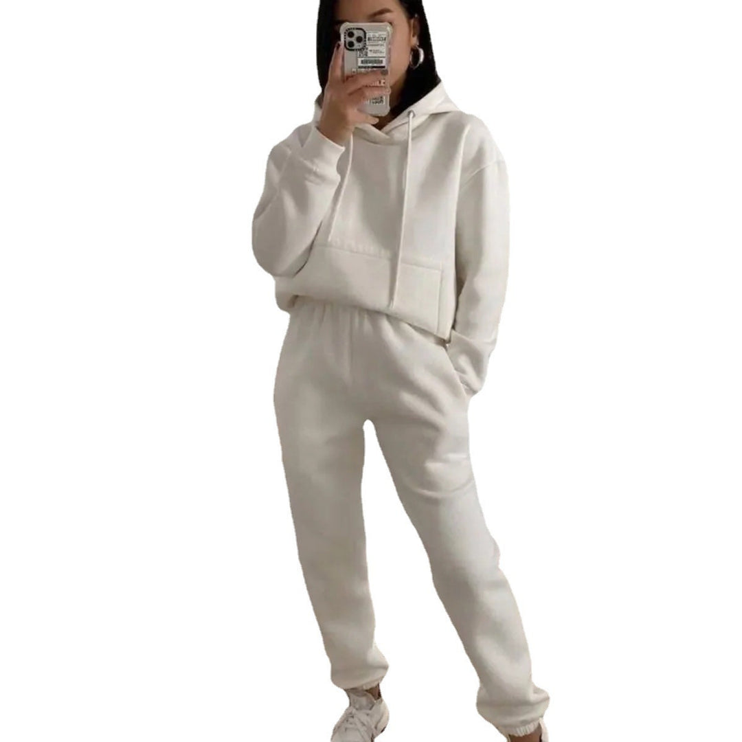 Dame sporty fleece joggesett med hette og elastisk midje Skjora
