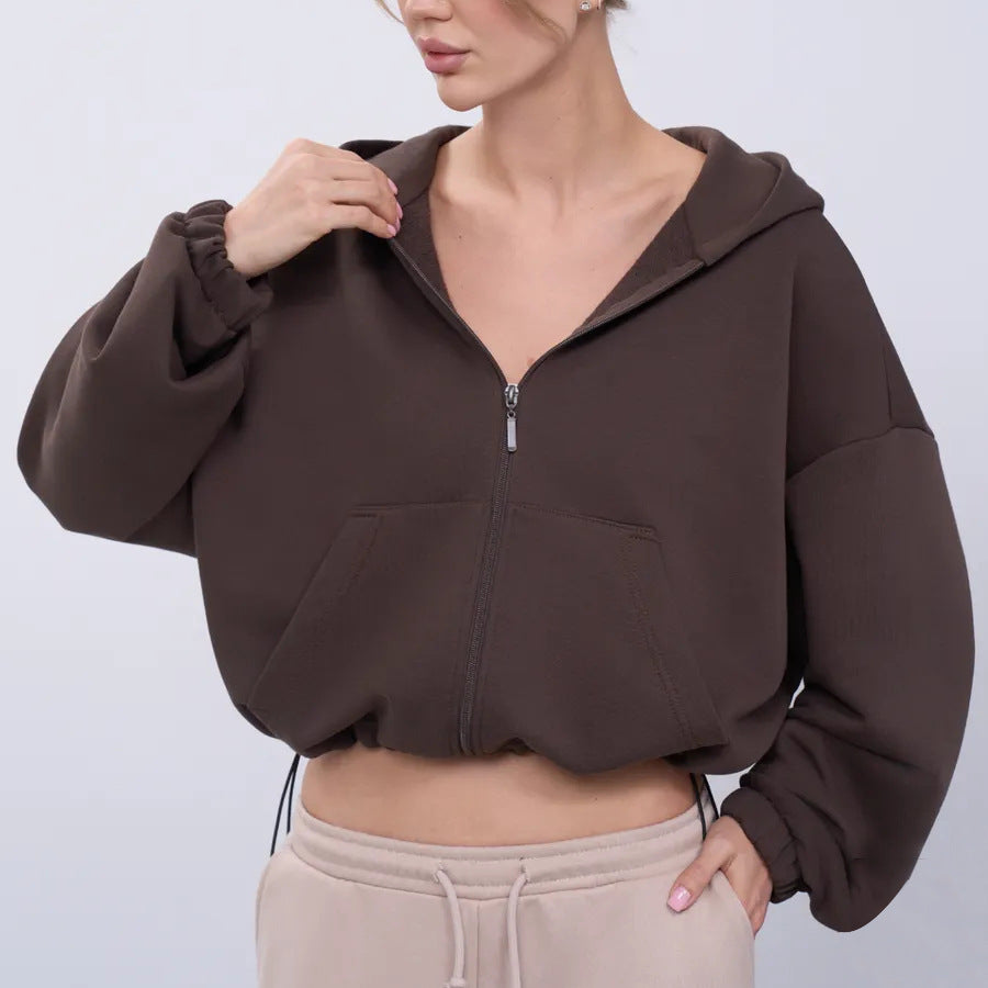 Kvinne Cropped Hoodie Jakke med Glidelås og Overstore Ermer Skjora