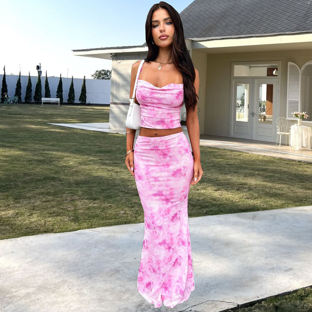 Dame Elegant cropped topp og svingende maxi-bukse sett Skjora