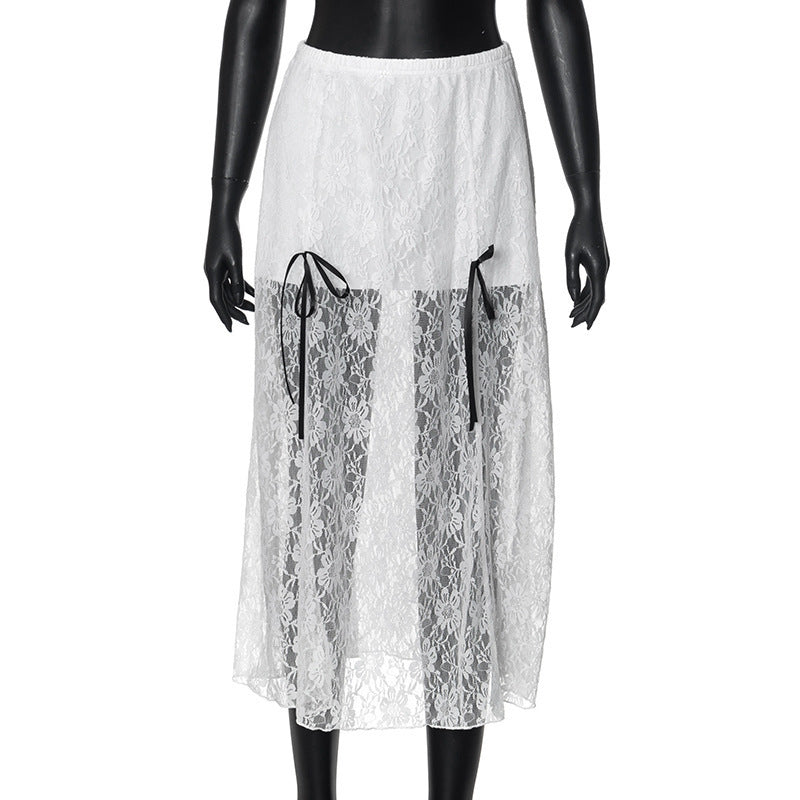 Dame elegant spisskjørt med transparente innsatser og raffinerte bånd Skjora