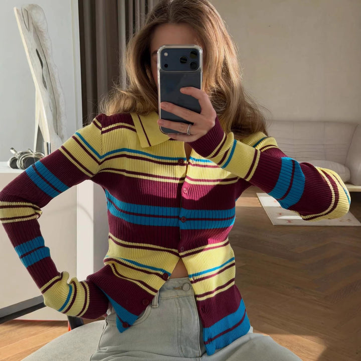 Dame ribbestrikket cardigan med brede striper og krage Skjora