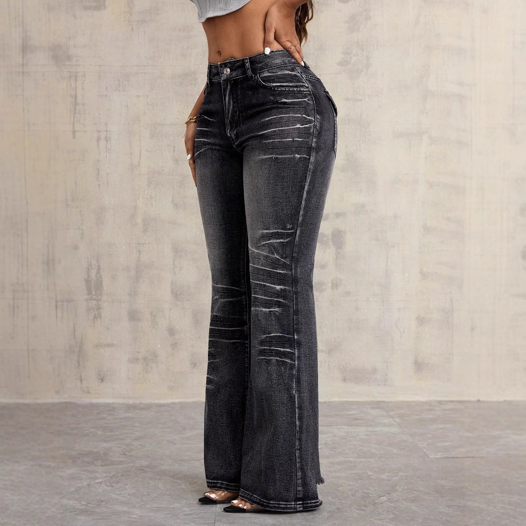Dame Høy midje Bootcut Jeans med moderne Brukt-look Skjora
