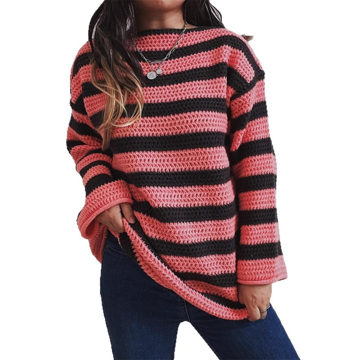 Kvinnenes strikkede oversized genser med bred stripemønster Skjora