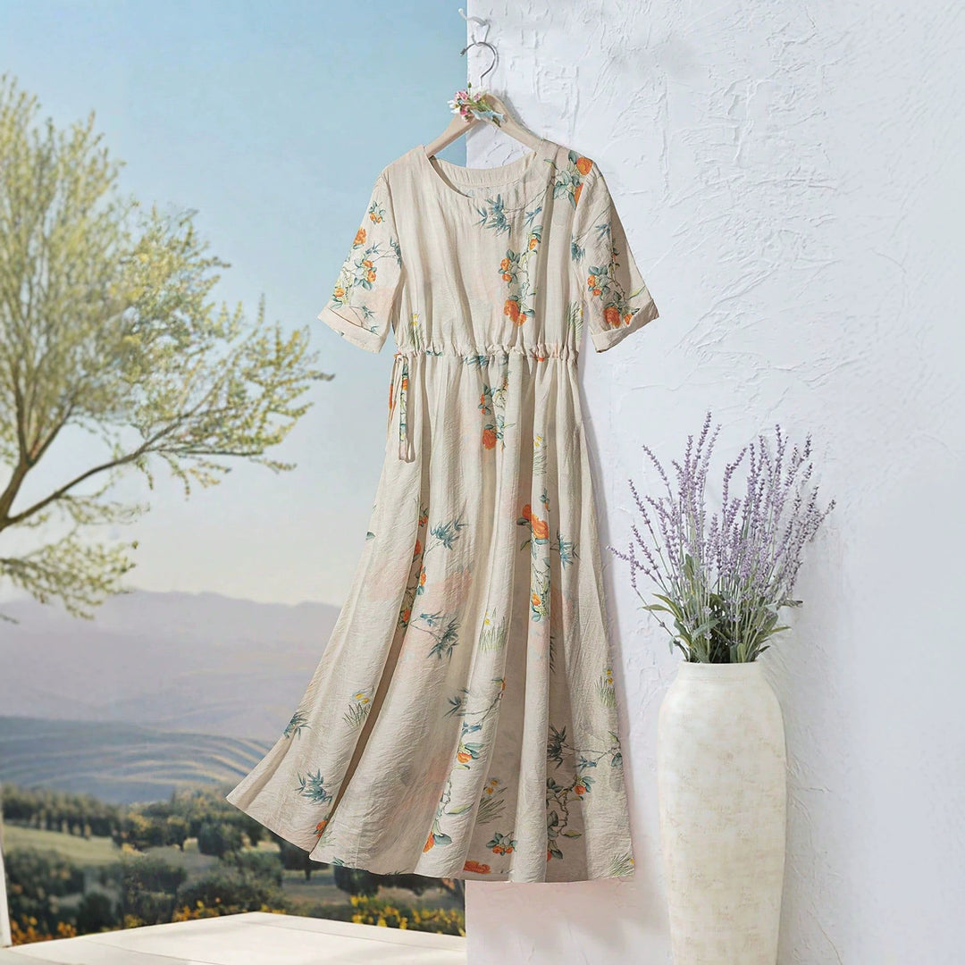 Dame Langerm Maxi-Kjole med floral design og elastisk belte Skjora